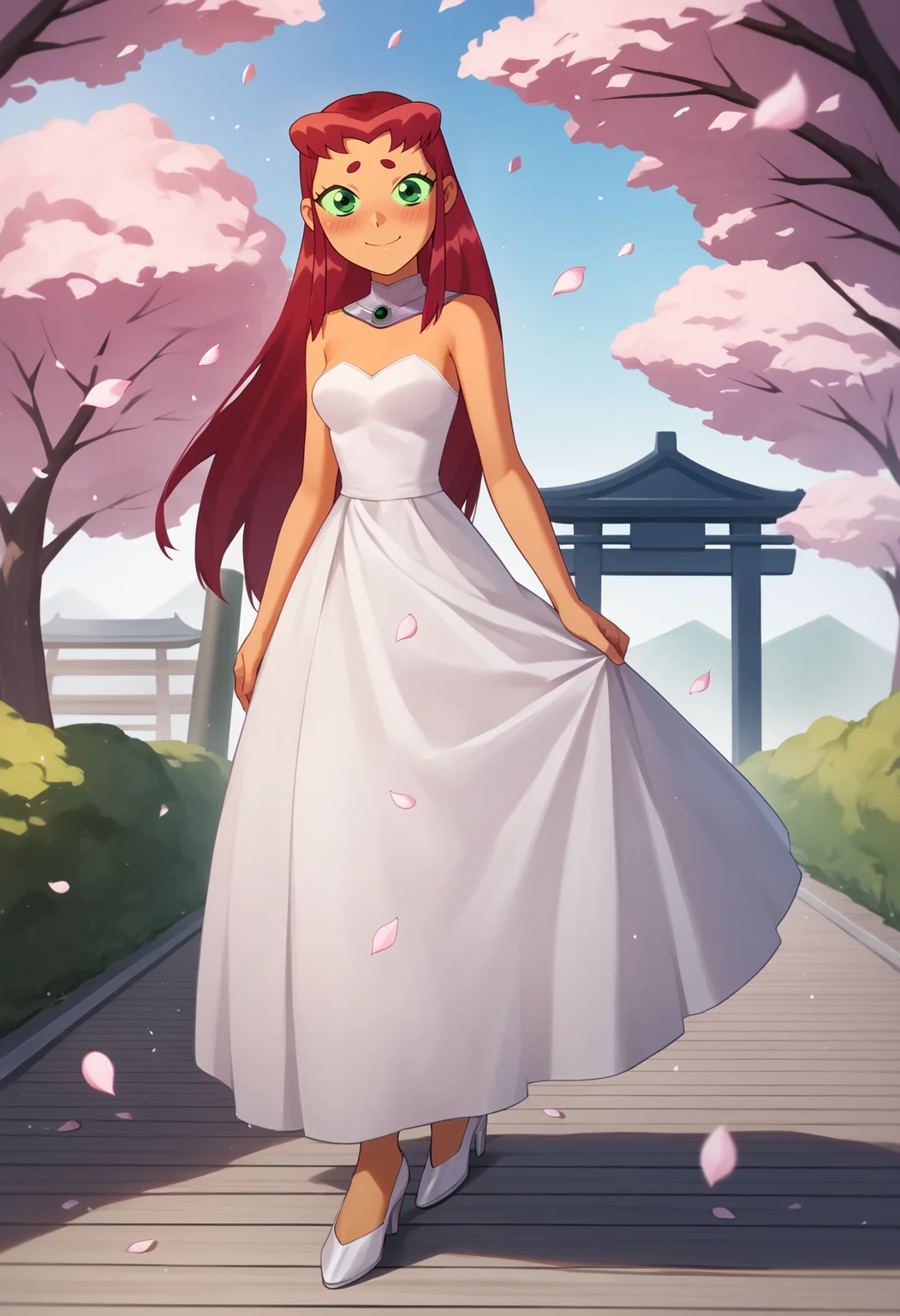 score_9, score_8_up, score_7_up, score_6_up, score_5_up, score_4_up, BREAK, source_anime,
1girl, starfire, red hair, long hair, green eyes, orange skin,
white high heels, strapless wedding dress, looking at viewer, blush, smile, petals, cherry trees, solo, japanese park backgroundd <lora:StarfireTTXL:1>