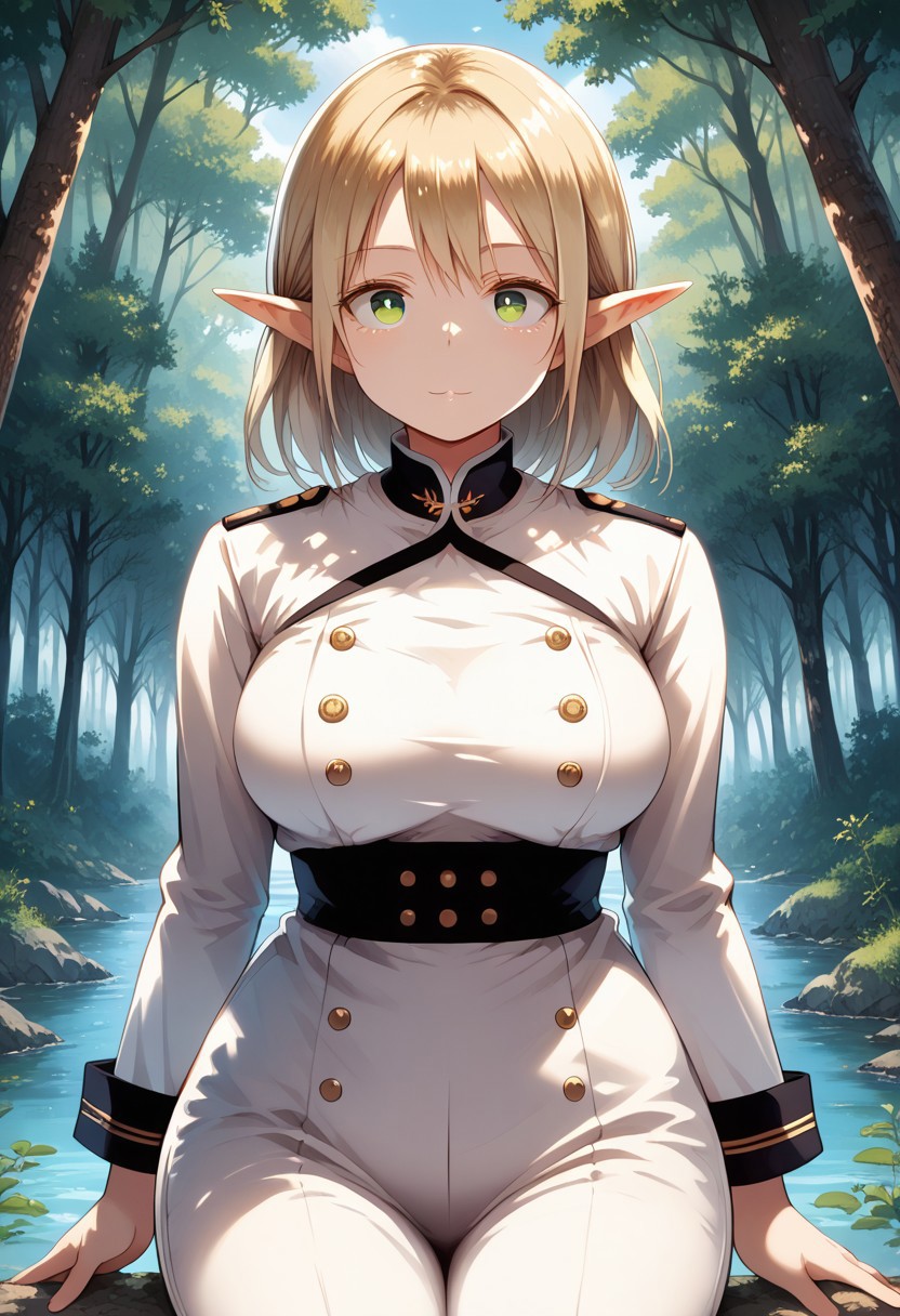 score_9, score_8_up, score_7_up, 1girl, solo, (FujisakaLP), (split eyes), scenery, (big breasts:0.8). (wide thighs:1.1), (wide hips:1.1), (mature woman:1.1), (high definition eyes:1.1), masterpiece, best quality, intricate details, gorgeous blonde elf woman, (green eyes), perfect anatomy, perfect face:1.1), white one-piece uniform, sharp focus, looking at viewer, ultra-high definition, extremely detailed illustration, smooth, detailed background, forest, seductive, venusbody