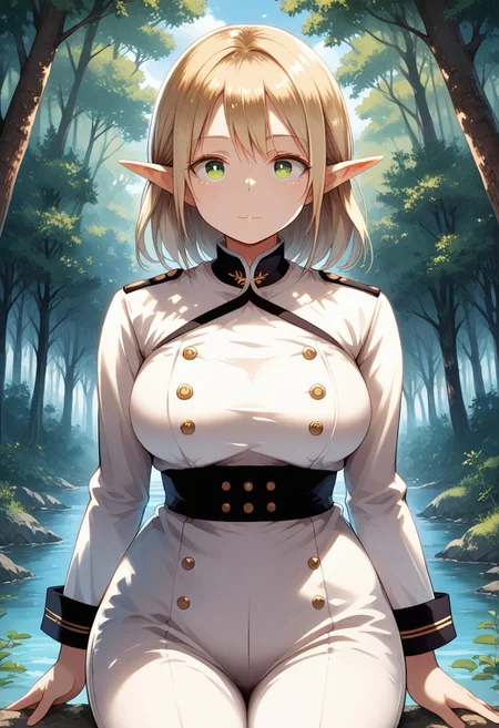 score_9, score_8_up, score_7_up, 1girl, solo, (FujisakaLP), (split eyes), scenery, (big breasts:0.8). (wide thighs:1.1), (wide hips:1.1), (mature woman:1.1), (high definition eyes:1.1), masterpiece, best quality, intricate details, gorgeous blonde elf woman, (green eyes), perfect anatomy, perfect face:1.1), white one-piece uniform, sharp focus, looking at viewer, ultra-high definition, extremely detailed illustration, smooth, detailed background, forest, seductive, venusbody