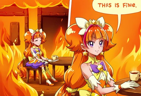 score_9, score_8_up, score_7_up, 2koma, comic, fire, sitting, speech bubble, burning, table, chair, cup, <lora:ThisIsFine_pdxl_Incrs_v1:1>, curetwinkle