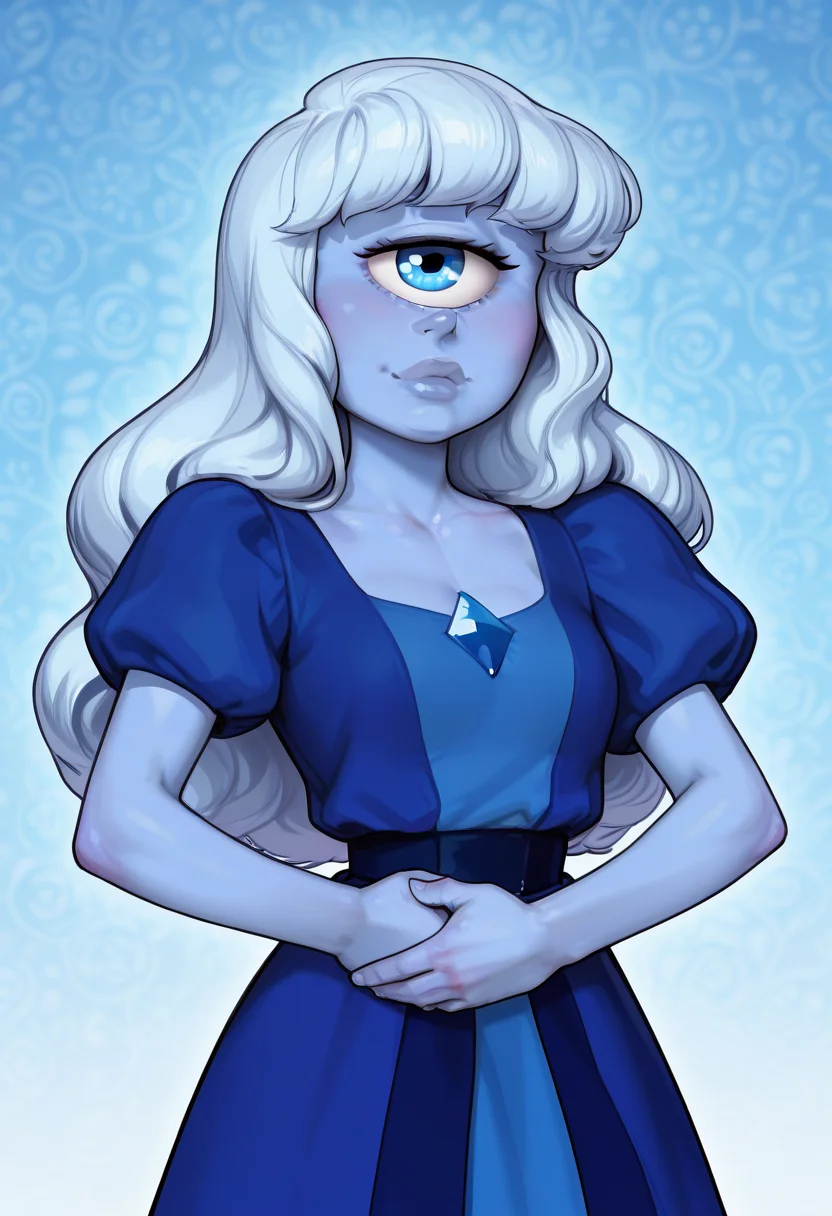 <lora:Sapphire_SU:1>, <lora:IncaseIXL:1>, sapphire_(Steven Universe), blue dress,large hair, light blue hair, wavy hair, hair bangs, Cyclops, blue eye, blue color skin, wallpaper, very aesthetic, perfect hands, thick lips, hands behind body
