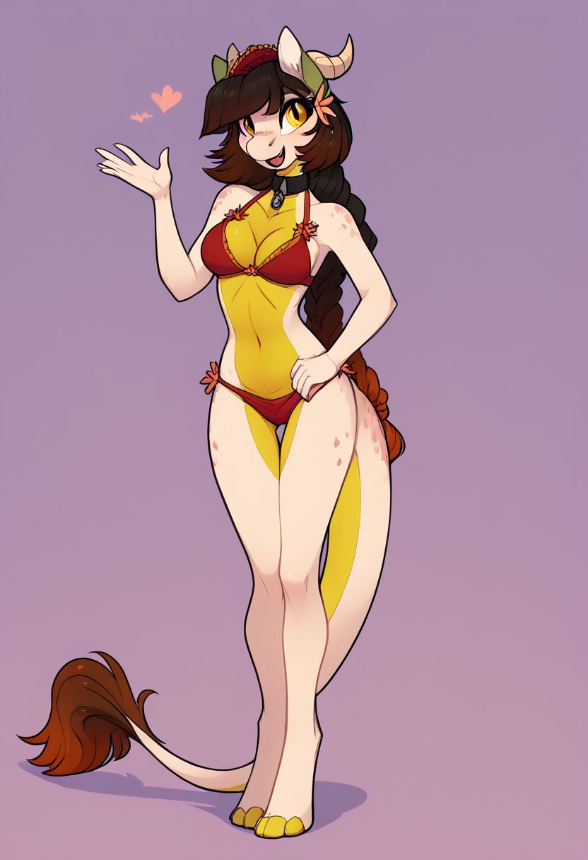 score_6_up, score_5_up, score_4_up, Nava, kobold, brown hair, gradient hair, orange hair, horns, scales, furry female, bob cut, single braid, dragon tail, yellow eyes, medium breasts, tail, collar, anthro, bikini, simple background, abstract background, posing, cute, best legs, beautiful legs, round breasts, breasts together, curvy hips, smile, open mouth, cleavage, medium breasts, long legs, sexy legs, happy, adorable, sexy, beautiful, highly detailed, masterpiece, 4k, quality art, digital art, zPDXL2,