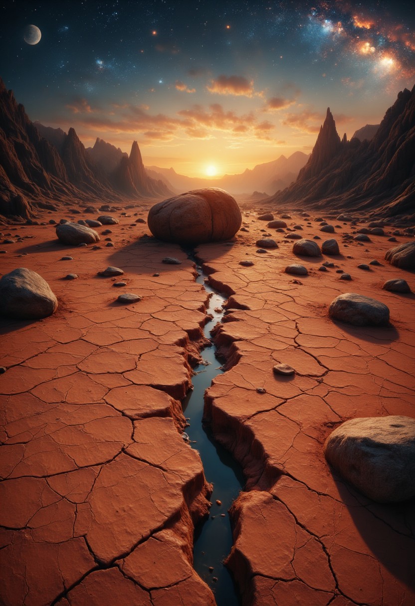 A dried-up riverbed stretches out with cracked, reddish-brown clay covering the ground, its surface textured and weathered. Smooth, round stones are scattered across the bed, remnants of an ancient water flow. In the center, a massive boulder stands, split cleanly in half. the two parts of the boulder are pushed apart, with softly rounded break line. The two halfs of boulder displays visible sediment patterns, etched by time. In the distance, jagged, rough rocks rise against the horizon. The golden sunset casts an orange-tinted glow over the scene, while the sky reveals three faint moons and a shimmering galactic nebula, adding an otherworldly atmosphere to the stark, rugged landscape.
Midjourney_Whisper