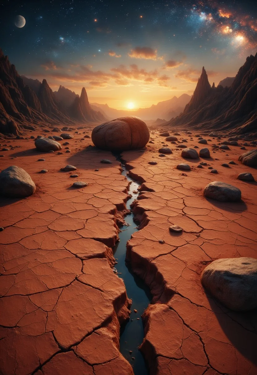 A dried-up riverbed stretches out with cracked, reddish-brown clay covering the ground, its surface textured and weathered. Smooth, round stones are scattered across the bed, remnants of an ancient water flow. In the center, a massive boulder stands, split cleanly in half. the two parts of the boulder are pushed apart, with softly rounded break line. The two halfs of boulder displays visible sediment patterns, etched by time. In the distance, jagged, rough rocks rise against the horizon. The golden sunset casts an orange-tinted glow over the scene, while the sky reveals three faint moons and a shimmering galactic nebula, adding an otherworldly atmosphere to the stark, rugged landscape.
Midjourney_Whisper