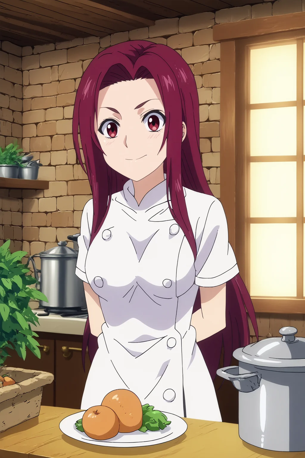 sakaki ryoko,1girl,solo,looking_at_viewer,purple hair, long hair,smile,breasts,chef,white shirt,white pants,smile,blush,upper body,arms behind back BREAK indoors,Cozy,white walls,small sink, marble countertop, food,vegetables,fridge,fruit, warm light, vintage stove behind,window with a garden, kitchen,orange brick wall,restaurant kitchen <lora:Sakaki_Ryoko_-_Food_Wars.safetensors:0.8> <lora:detailed_backgrounds_v2.safetensors:0.8>