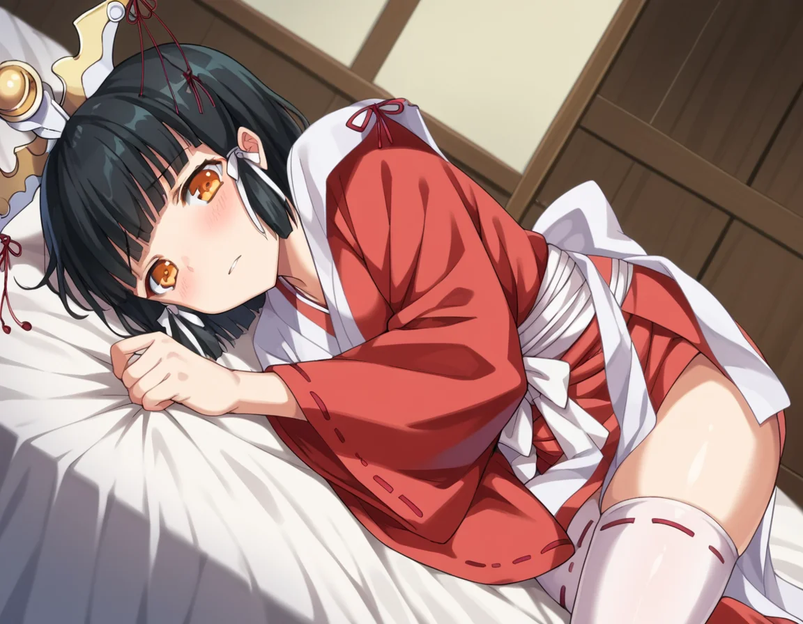 score_9, score_8_up, score_7_up, source_anime,
kuroinukaguya, <lora:kuroinu-kaguya-ova-ponyxl-lora-nochekaiser:1>,
kaguya, black hair, orange eyes, hime cut, short hair,
thighhighs, japanese clothes, miko, headress,
indoors, bed, bed room, on side, blush, drunk,
looking at viewer, cowboy shot, dutch angle, solo,
