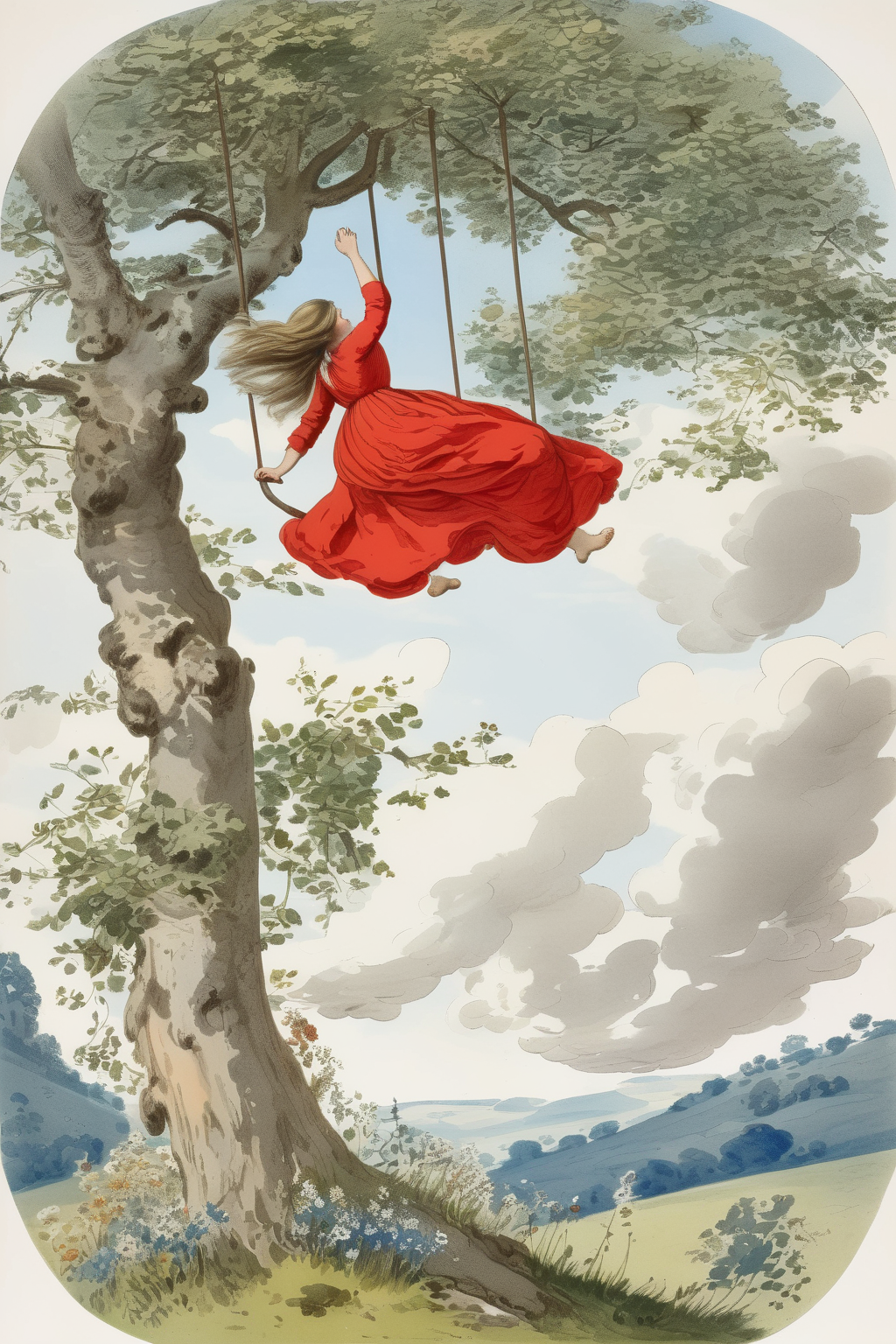 <lora:Richard Dadd Style:1>by Richard Dadd Style - Blue sky and white clouds, a long-haired girl in a red dress is swinging under a big tree, surrounded by small hills full of wild flowers, botanical illustration, white background, style of Pierre-Joseph Redoute