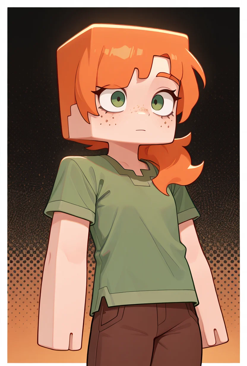 <lora:alexmc-10:1> alexmc, orange hair, 1girl, solo, green eyes, green shirt, brown pants, short sleeves, freckles, square arms,, masterpiece, best quality, amazing quality, very aesthetic, absurdres, newest,, upper body, halftone effect, white borders, abstract background:1.2,