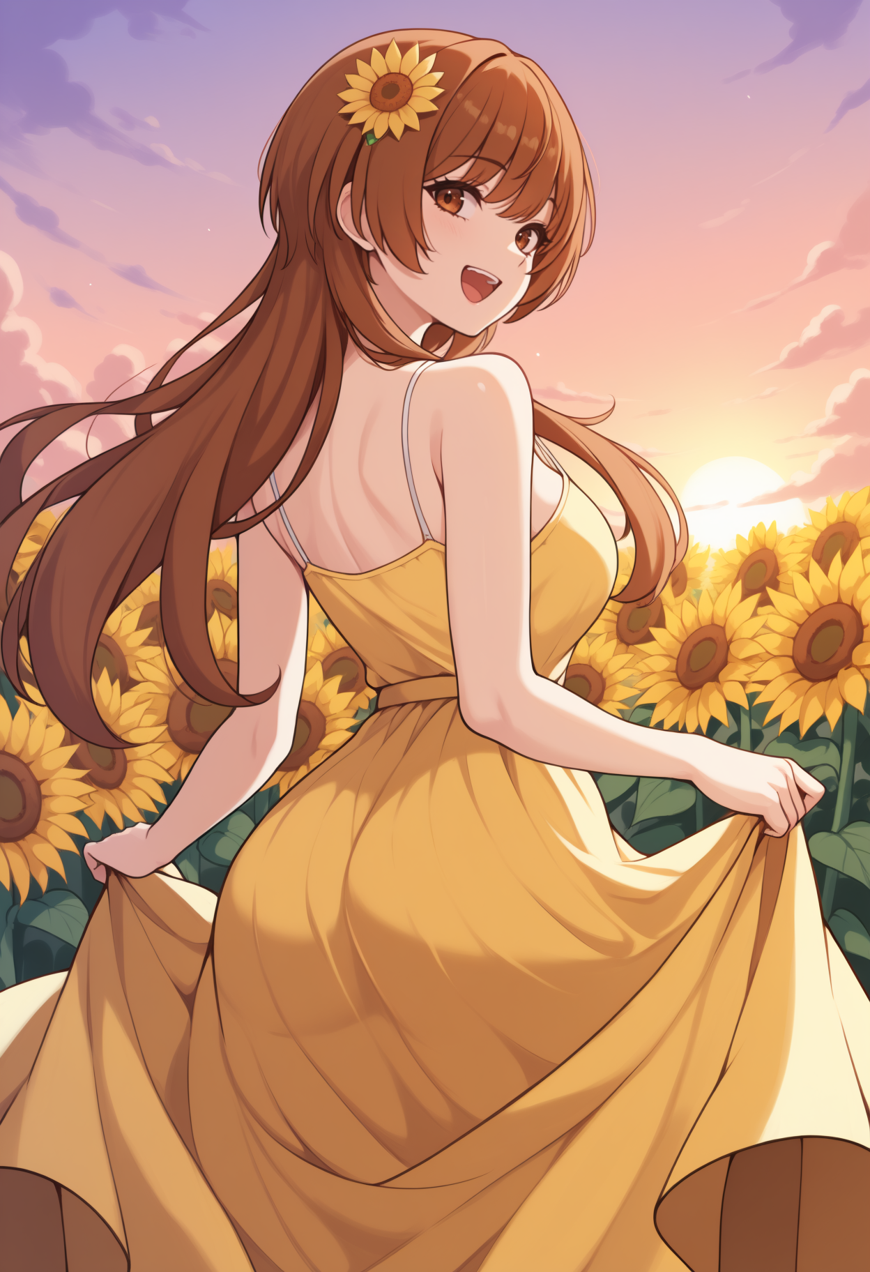 masterpiece, best quality, newest, from behind, solo, 1girl, tach1bana, :d, teeth, looking back, skirt hold, long hair, brown hair, hair flower, yellow flower, brown eyes, yellow sundress, spaghetti strap, bare shoulders, outdoors, sunset, cloud, sunflower field
<segment:yolo-Anzhc Face seg 640 v2 y8n.pt,0.4,1//cid=11>