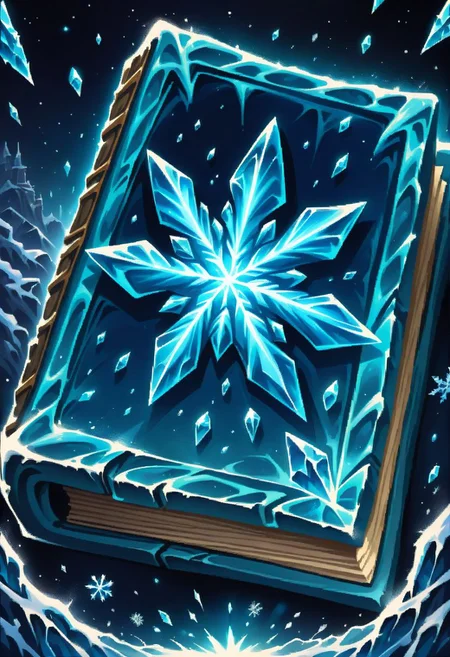 ((masterpiece, best quality)), high resolution, highly detailed, 32k picture,
zzmagicbook, 
blue book, glowing, snowflake symbol, ice, snow, ice crystals