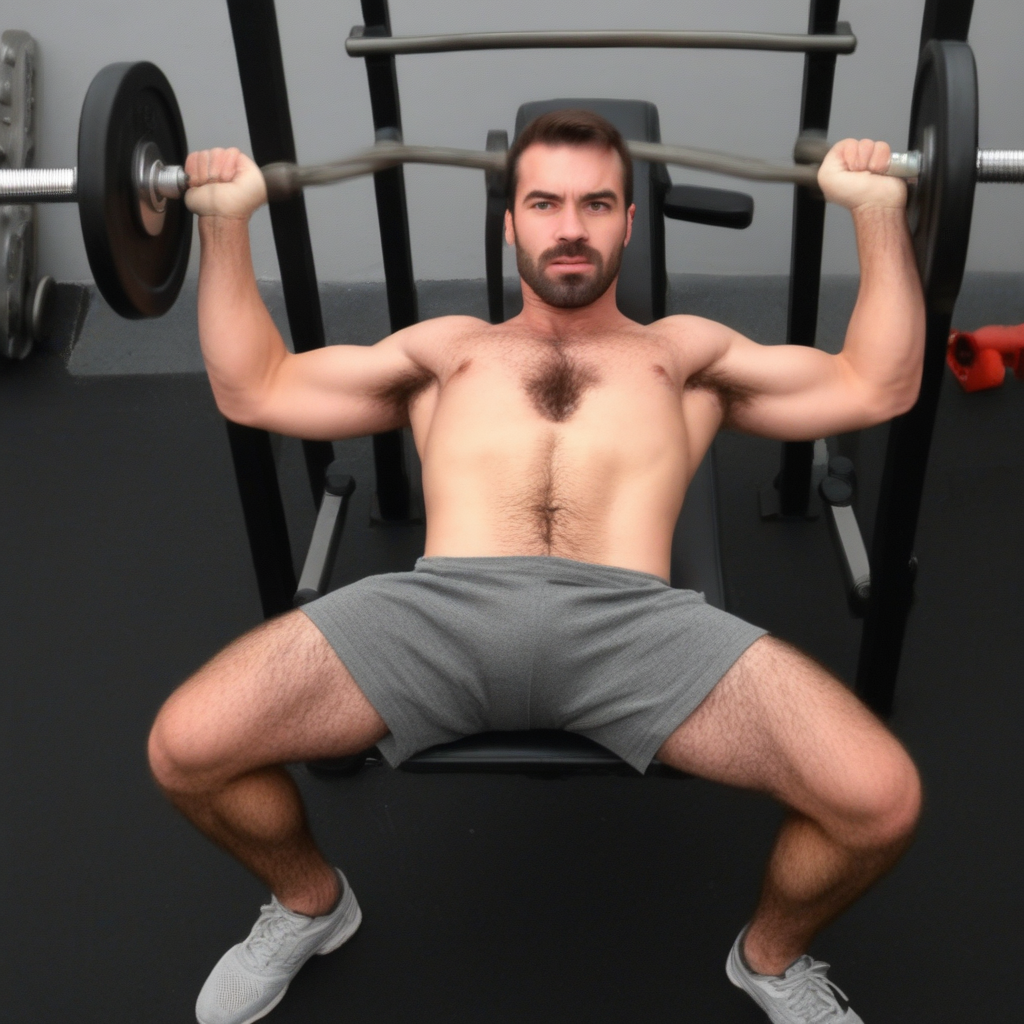 Handsome masculine hairy man lifting weights on a bench press