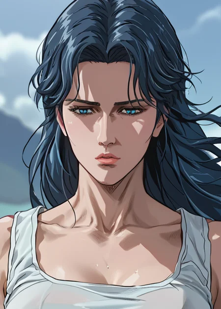 score_9, score_8_up, score_7_up,, <lora:Fist_of_the_North_Star_-_PonyXL:1> Northstar style, upper body photo of a women with deep blue hair hair,  ,  <lora:PerfectEyesXL:1>  <lora:add-detail-xl:1>