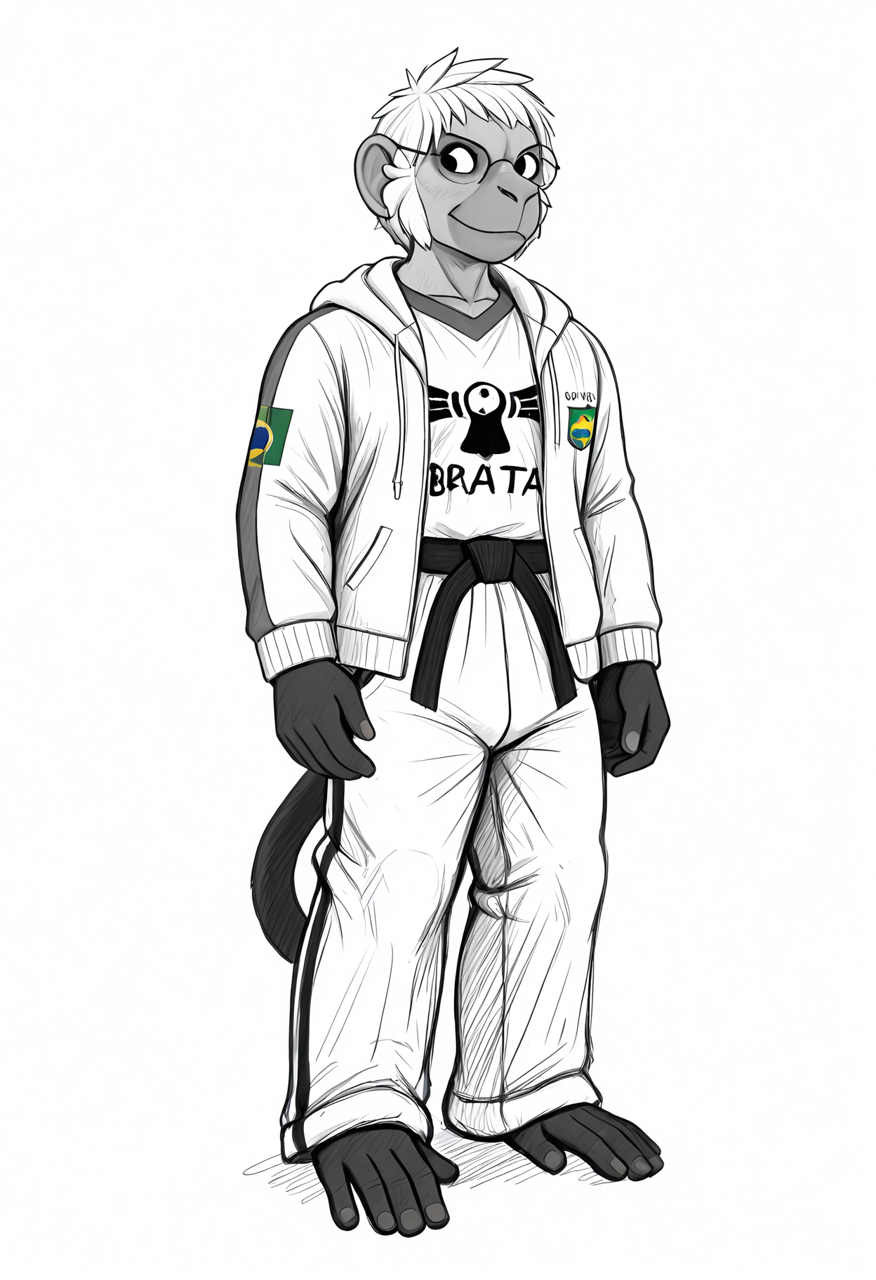 masterpiece, best quality, amazing quality,  white background, (sketch, black and white, monochrome:1.2), BREAK
solo, male, furry male, joaoenzo, monkey, short hair, sideburns, glasses, open hoodie, brazilian flag shirt, black belt, karate pants, BREAK
<lora:cfg_scale_boost:.5> <lora:João_Enzo_Almeida_-_ILXL:0.9> <lora:Hladilnik_Sketch_-_ILXL_Artist_Style:1> by_hlad