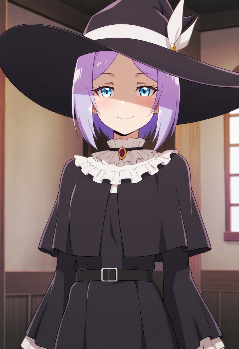 masterpiece,best quality,amazing quality, laura latuule, blue eyes, purple hair, 1girl, solo, hat, witch hat, looking at viewer, indoors, short hair, smile, black dress