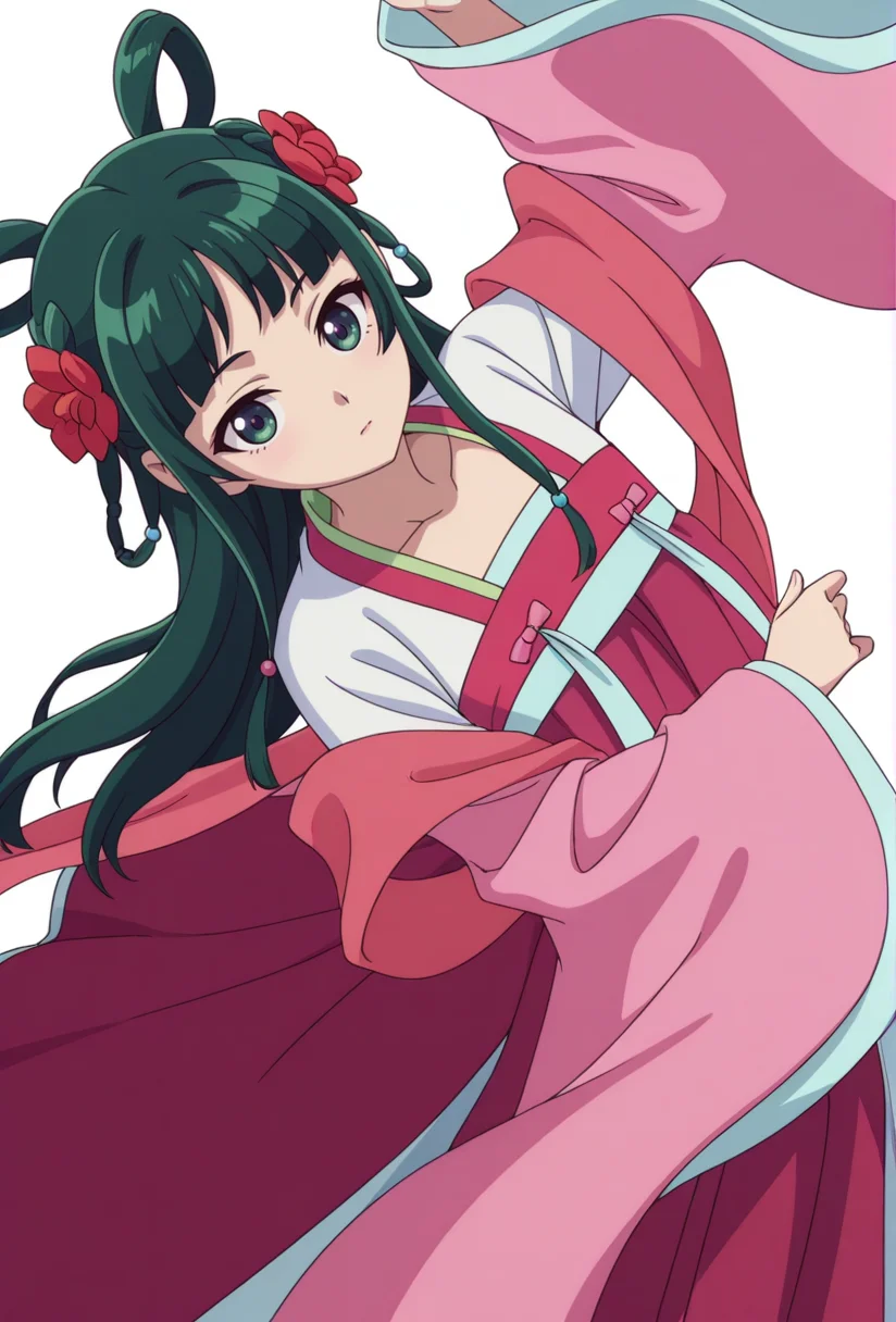 Smooth Quality,masterpiece,very intricate, high quality details, ultra realistic, high detailed skin,detailed enviorement,absurdres,
simple background, white background,solo,
dynamic angle,dancing, covered nipples,
. .,
<lora:Maomao_CNR:0.8> maomao_cnr,green hair, long hair, green eyes, flat chest, maopink2_cnr,braid, sidelocks,chinese clothes, hanfu, long sleeves, wide sleeves, shawl,hair ornament, hair flower, hair rings