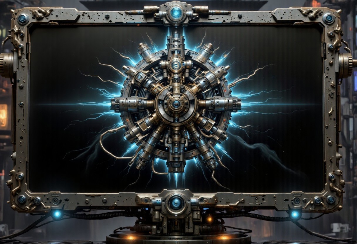 A computer monitor, encased in the dark, industrial metal frame reminiscent of the Adeptus Mechanicus' technology. The screen, initially pitch-black, begins to flicker with a faint, electric blue light. Gradually, the flickering coalesces into the unmistakable cog symbol of the Adeptus Mechanicus, an intricate design of interlocking gears that represents the faction's mastery over machinery. The cog is not static but seems to be in a state of perpetual motion, each gear rotating in harmony with the others, suggesting a complex system coming to life. The edges of the symbol are slightly distorted, as if viewed through an ancient pane of warped glass, hinting at the antiquity of the technology involved. As the cog turns, it emits a soft, pulsing light that casts eerie shadows on the surrounding metal. The background behind the cog is a deep, abyssal black, which slowly gives way to a gradient of dark greys and blues, evoking the cold vacuum of space. The cog itself is rendered in stark contrast, the gleaming metallic finish reflecting the emerging light. The fading process begins with the outermost gears slowing their rotation, their light dimming until they are almost indistinguishable from the background. One by one, the gears follow suit, the light retreating inwards until only the very core of the symbol remains illuminated.