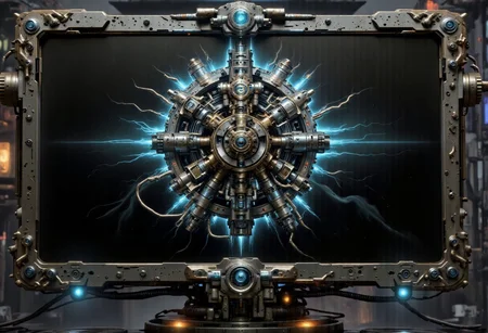 A computer monitor, encased in the dark, industrial metal frame reminiscent of the Adeptus Mechanicus' technology. The screen, initially pitch-black, begins to flicker with a faint, electric blue light. Gradually, the flickering coalesces into the unmistakable cog symbol of the Adeptus Mechanicus, an intricate design of interlocking gears that represents the faction's mastery over machinery. The cog is not static but seems to be in a state of perpetual motion, each gear rotating in harmony with the others, suggesting a complex system coming to life. The edges of the symbol are slightly distorted, as if viewed through an ancient pane of warped glass, hinting at the antiquity of the technology involved. As the cog turns, it emits a soft, pulsing light that casts eerie shadows on the surrounding metal. The background behind the cog is a deep, abyssal black, which slowly gives way to a gradient of dark greys and blues, evoking the cold vacuum of space. The cog itself is rendered in stark contrast, the gleaming metallic finish reflecting the emerging light. The fading process begins with the outermost gears slowing their rotation, their light dimming until they are almost indistinguishable from the background. One by one, the gears follow suit, the light retreating inwards until only the very core of the symbol remains illuminated.