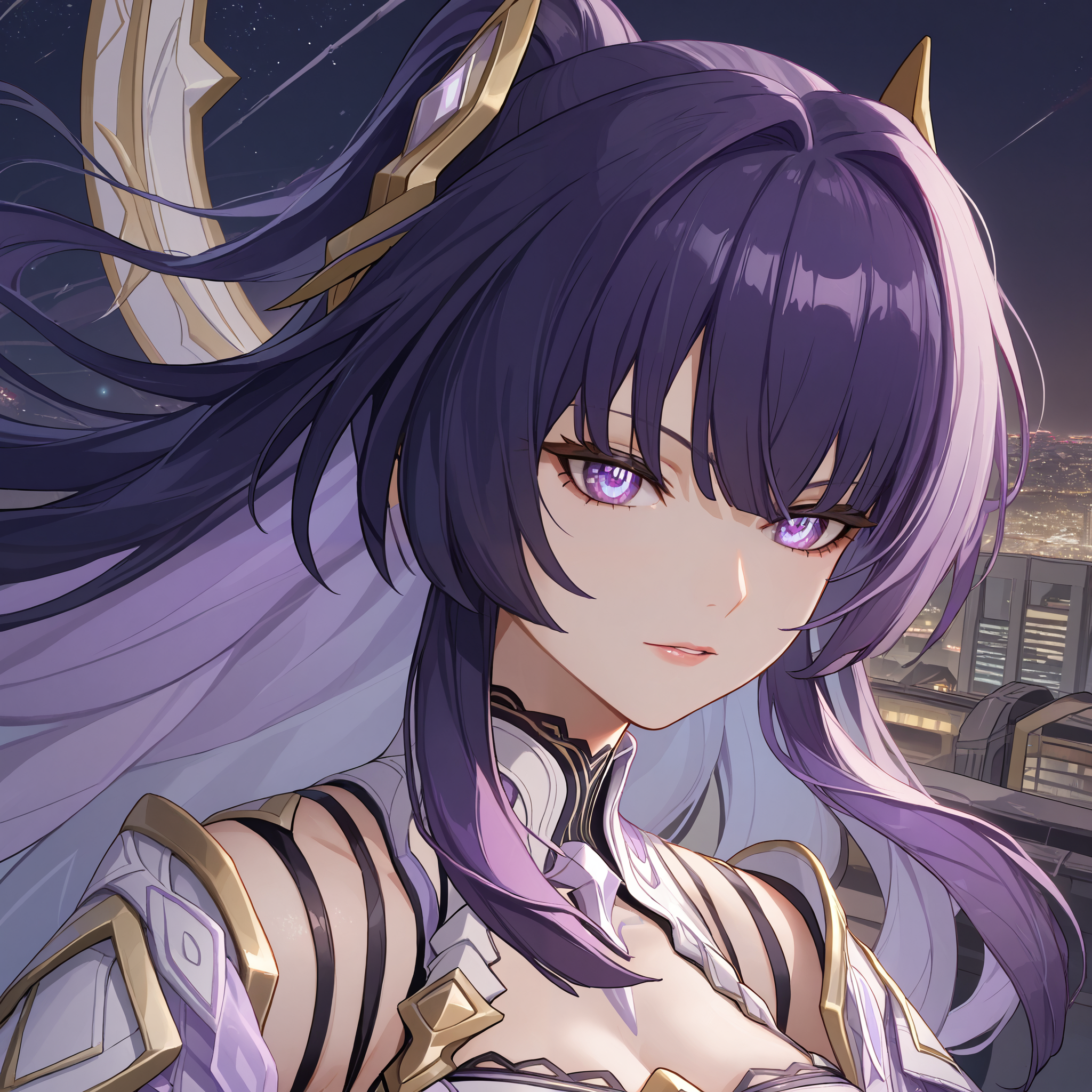 score_9, score_8_up, score_7_up, score_6_up, BREAK source_anime, looking at viewer, night, city, 1girl, solo, close up, masterpiece, best quality, high detailed skin,   raiden mei, raiden mei \(herrscher of origin\), long hair, hair ornament, multicolored hair, purple hair, purple eyes, cleavage, armor, gauntlets, thighhighs, armored boots,