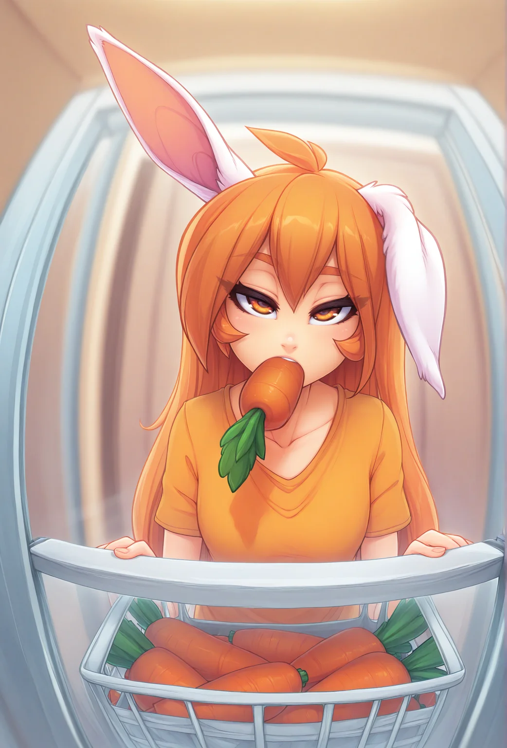 (masterpiece, best quality, very aesthetic, absurdres:1.2),  <lora:fluffkevlar_style_illustrious_v1.7:1.3> fkstyle, 1girl, human, solo, orange hair, orange eyes, looking at viewer,sleepy BREAK
orange theme, orange background, shopping, (carrot:1.4), orange shirt, foreshortening, carrots in mouth, detailed background, rabbit ears