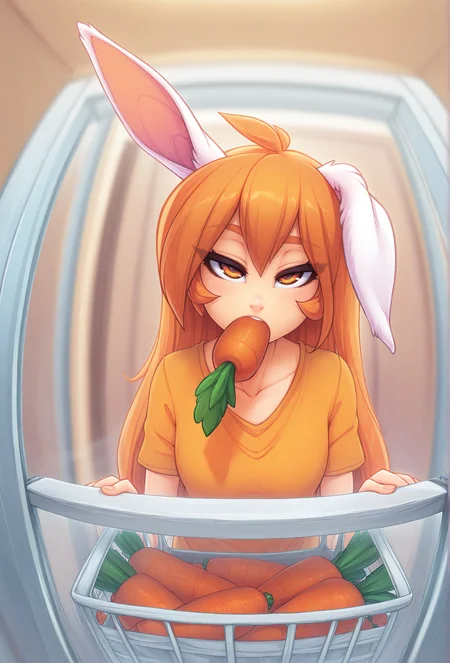 (masterpiece, best quality, very aesthetic, absurdres:1.2),  <lora:fluffkevlar_style_illustrious_v1.7:1.3> fkstyle, 1girl, human, solo, orange hair, orange eyes, looking at viewer,sleepy BREAK
orange theme, orange background, shopping, (carrot:1.4), orange shirt, foreshortening, carrots in mouth, detailed background, rabbit ears