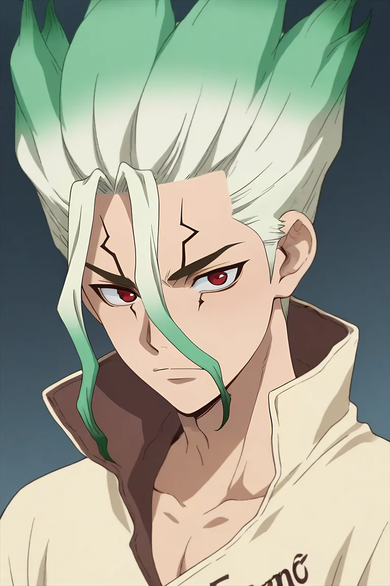 score_9, score_8_up, score_7_up, source_anime, , , , , 1boy, solo, male focus, <lora:senkuu_ishigami_pony:0.8>, senkuu_ishigami, green hair, red eyes, multicolored hair, two-tone hair, white hair, facial mark, , homburg, science fiction noir, , <lora:sdxl_lightning_8step_lora:1>