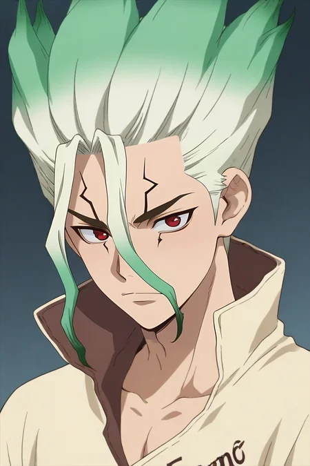 score_9, score_8_up, score_7_up, source_anime, , , , , 1boy, solo, male focus, <lora:senkuu_ishigami_pony:0.8>, senkuu_ishigami, green hair, red eyes, multicolored hair, two-tone hair, white hair, facial mark, , homburg, science fiction noir, , <lora:sdxl_lightning_8step_lora:1>