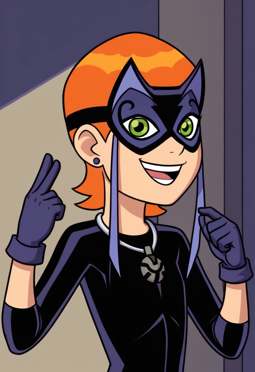 ss_luckygirl, 1girl, mask, solo, green eyes, orange hair, gloves, jewelry, bodysuit, smile, earrings, open mouth, domino mask, flat chest,short hair,upper body,smile,looking at viewer