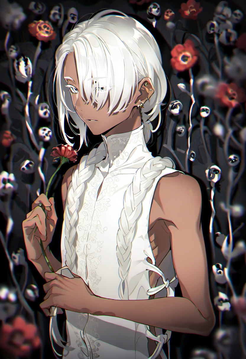 flower, solo, white hair, dark skin, holding, holding flower, braid, hair over one eye, sleeveless, earrings, long hair, jewelry, upper body, blurry, hair over shoulder, grey eyes, male focus, bare shoulders, white eyes, red flower, 1boy, white dress, ear piercing, depth of field, dark-skinned female, piercing <lora:yoneyamaiXL_NBVP1_lokr_V6311PZ:0.95>