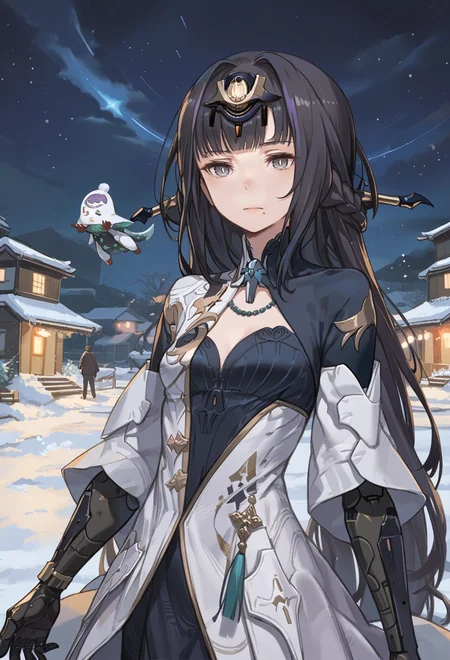 score_9, score_7_up, source_anime, BREAK <lora:Qu-Shukra:0.8> Shukra, gray eyes, multicolored hair, black hair, lavender hair, mole under mouth, headgear, dress, mechanical arm,
night sky, snow, <lora:kuroboshi_kouhaku_PonyXL_style_v01.09:1>