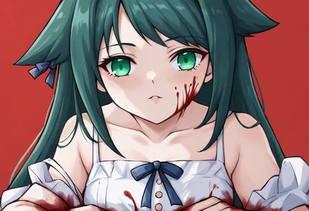 score_9, score_8_up, score_7_up, source_anime, uncensored, zPDXLxxx, <lora:intricate_details:1> intricate_details_xl, red background
<lora:Saya_No_Uta_v1.0-000040:0.6> Saya, saya_(saya_no_uta), 1girl, solo, long hair, dress, looking at viewer, green eyes, bare shoulders, sundress, green hair, collarbone, blue hair, white dress, ribbon, hair flaps, organs, blood on face, blood on clothes