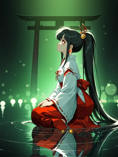 Cyberpunk, 1girl, solo, miko, white kimono, black hair, long sleeves, makeup, hair ornament, red eyes, closed mouth, very long hair, ponytail, earrings, japanese clothes, see-through, wide sleeves, ribbon trim, hakama, jingle bell, ribbon-trimmed sleeves,eyeliner, red hakama, hakama skirt, seiza, jewelry, Girl Focus, sitting, look up,firm look, night, glowing, partially submerged, ripples, reflection, reflective water, reflective floor, shallow water, green background,Torii background, From Side, profile, depth of field, bokeh,backlighting, dark_fantasy_style, dark fantasy, retro
,masterpiece,best quality,amazing quality,