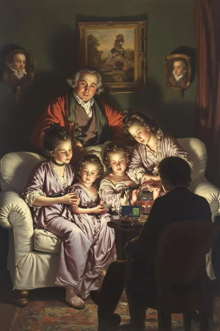 josephwright1 painting. A family sits on a white couch, all of them looking at their smartphones, <lora:josephwright1_cap_d6a3e12:1.0><lora:849077087577863749:0>