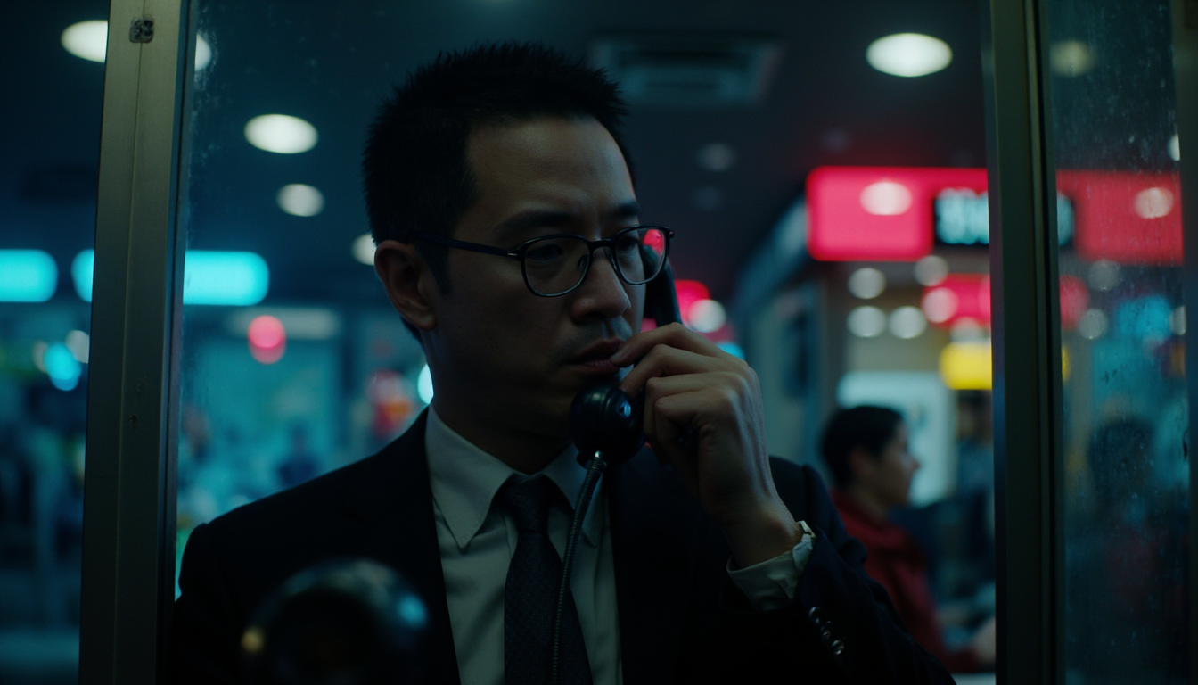 cinematic, A man in a phone booth, speaking on a telephone. Neon lights reflect on the glass, creating a layered and tense atmosphere. He wears glasses and a formal jacket, conveying a sense of suspense or intrigue, film grain, Short telephoto focal length, shot on ALEXA 65