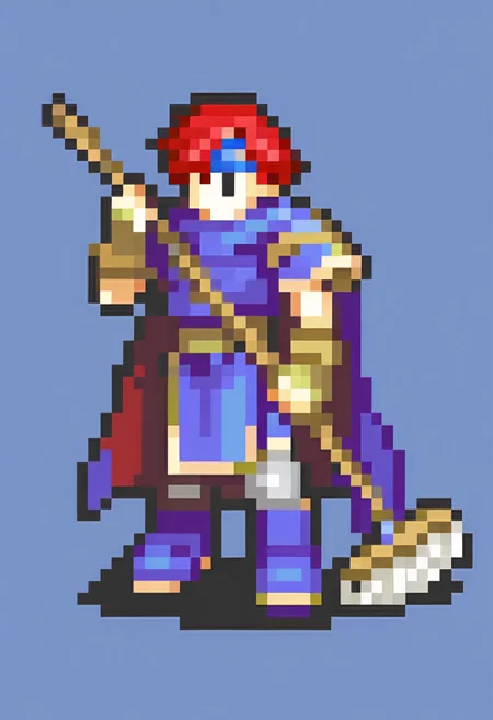 masterpiece, best quality, solo, 1boy, <lora:FEGBA-Sprites-illus_Fp:1>, simple background, pixel art, full body, roy \(fire emblem\), mop,