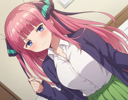 score_9, score_8_up, score_7_up, source_anime,
ninonakano, <lora:nino-nakano-s1-ponyxl-lora-nochekaiser:1>,
nino nakano, long hair, bangs, blue eyes, hair ornament, hair ribbon, pink hair, blunt bangs, two side up, butterfly hair ornament, mature female,
skirt, shirt, long sleeves, white shirt, pleated skirt, open clothes, collared shirt, sleeves past wrists, dress shirt, cardigan, green skirt, open cardigan, black cardigan,
indoors, bed, bed room, on side, blush, drunk,
looking at viewer, cowboy shot, dutch angle, solo,