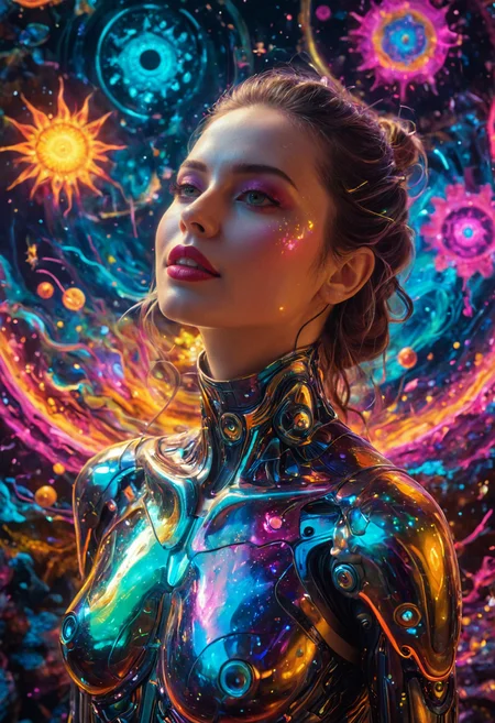 Psychedelic style ((( Empathic Listener: A gentle robotic figure with soft, malleable features and eyes that shift colors like mood rings, possessing the extraordinary ability to absorb and transmute negative emotions into healing light. in 50. Surreal dreamscape with melting clocks and floating islands. The Interactive Wall Art: Paintings that change scenes based on your mood., they have shiny chrome elements)))The moon splits into a kaleidoscope of colors, casting psychedelic patterns across the night sky.
(((with exaggerated expressions))) With a Pouty Lipstick Smile: This veggie sports bright lipstick and pouts adorably, ready to charm its way into your heart (and stomach)., Over-the-Shoulder Shot: Position the camera behind one character, focusing on what they are looking at. Include part of their shoulder or head in the frame for perspective..(dynamic:1.1),sun rays,
(Vivid, HDR, Canon50, 8K, Hyper Realistic, Dramatic, Epic, Dynamic Contrast, Cinematic Lighting, increased brightness)(((Zoomed Out, Far away Shot))) = =. Epic dynamic lighting , vibrant,highly detailed,psychedelic,((Psychedelic, rainbow glow ))
((Vivid, Epic, Dynamic contrast)) (((Zoomed out, Far away shot, In frame)), (((Cinematic, Studio lighting, Contrast)))
<lora:juggernautXL_version6Rundiffusion:0.8><lora:rundiffusionXL_beta:0.8><lora:epicrealismXL_v5Ultimate:0.8><lora:crystalClearXL_ccxl:1><lora:extremely_detailed:0.8> extremely detailed
<lora:hyperkraximalism:0.2> hyperkraximalism
<lora:QuadpipeQp_sdxlV2:0.4>
<lora:xl_more_art-full_v1:0.1>
<lora:RMSDXL_Darkness_Cinema:0.2>
<lora:glowneon_xl_v1:0.4> glowneon, glowing, sparks, lightning, - Generate images with sharp edges and fine details.
- Produce high-resolution images with no blurriness or distortions.
- Create images with clear and well-defined subjects.
- Ensure that the output images have crisp lines and distinct features.
- Generate images with vibrant colors and accurate tones.
- Avoid noise or artifacts in the generated images.
- Focus on producing clear textures and patterns in the images.
- Emphasize clarity and definition in all aspects of the generated images.
- Prioritize the sharpness and clarity of the main subjects in the images.
- Optimize the AI model to produce clear and visually appealing images., Wlop, By art germ . Vibrant colors, swirling patterns, abstract forms, surreal, trippy