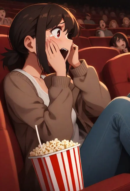 <lora:Khyle. v3:0.8>, (((from side))), (((horror movie))), (((crowd))), ((big screen)), ((hands on own face)), ((cinema seating)), scared, crying with eyes open, cocacola, disposable cup, popcorn,stairs, night, open mouth, 1girl, collarbone,
Higashiyama_Kobeni, poker face, closed eyes, white tank top, cardigan, open cardigan, jeans,
masterpiece, best quality,
