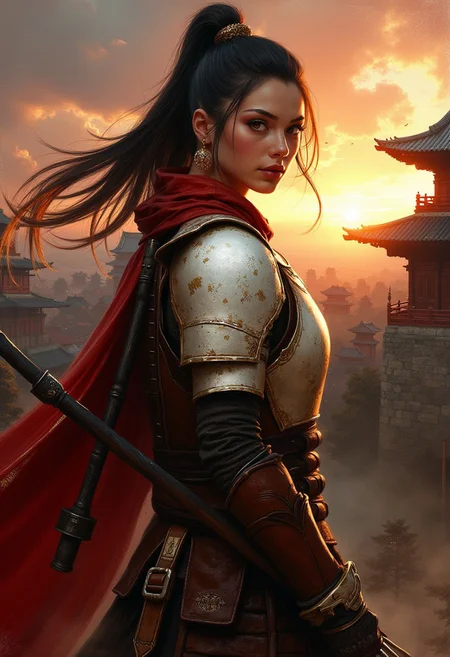 detailed renaissance oil painting, masterpiece, portrait of female japanese knight, illuminated by shaft of sunlight, white plate and red leather armor, weapons, directional lighting, masterpiece, perfect composition, perfect hands, direct gaze, Japanese castle grounds at sunset
