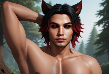 vpzdxizz, animal ears, solo, cat ears, red eyes, multicolored hair, looking at viewer, black hair, gradient hair, realistic, colored sclera, 1boy, male focus, outdoors, red hair, facial hair, day, tree, miqo'te, nude, black sclera, short hair, chest hair, arm up, two-tone hair, stubble, upper body, lips, sky PonyXLV6_Scores zPDXL