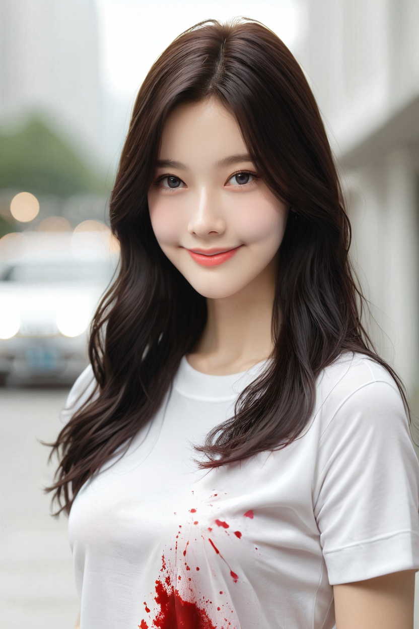 A beautiful woman is holding a bloody axe, with blood on her face and body, smile. She is wearing a bloody white T-shirt and denim shorts. Her clothes are in tatters. The background is Messy garage with dim lights. <lora:KimA-won-PonySRV1:1>, KimA-won, <lora:add-detail-xl:0.5>, <lora:Expressive_H-000001:1.2>, <lora:IzayoiLycoXL:0.3>, embedding:pureerosface_v1, A stunning real medium breasts Korean woman with long, flowing dark hair, her piercing gaze directly addressing the viewer. score_9, score_8_up, score_7_up, 4k, high quality, (best quality:1.1), realistic, photorealistic, close-up, upper body, (ultra HD quality details), High Fashion, face focus,
