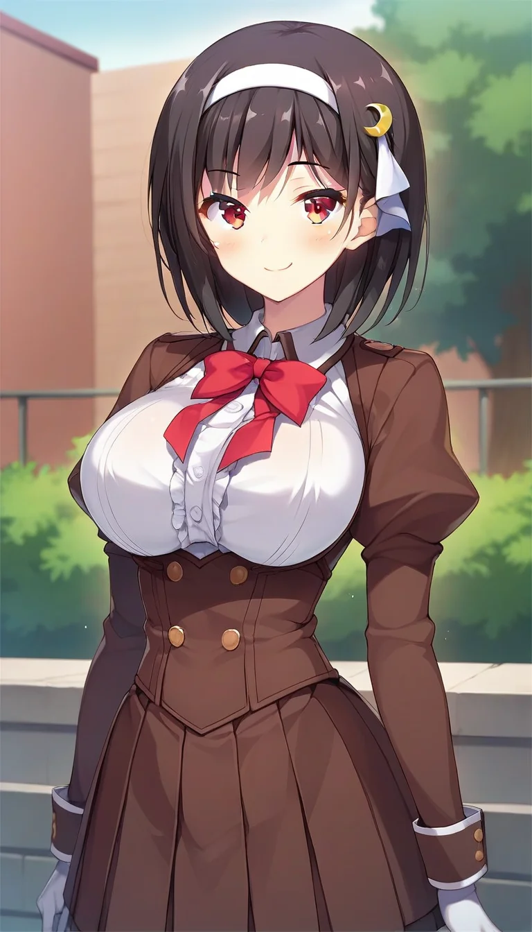 score_9,score_8_up,score_7_up,score_6_up BREAK official art,solo,outdoors,upper body,(portrait:1.5),looking at viewer,facing viewer,smile,blush,Takahashi Yuuka,medium hair,black hair,crescent hair ornament,white hairband,hair ribbon,white ribbon,bangs,red eyes,school uniform,suspender dress,brown dress,short dress,frilled dress,buttons,red bowtie,white shirt,collared shirt,center frills,long sleeves,puffy sleeves,juliet sleeves,white gloves,large breasts,underbust,pleated skirt,brown pantyhose,loafers,<lora:Takahashi Yuuka(fyps)-Pony:1.4>,