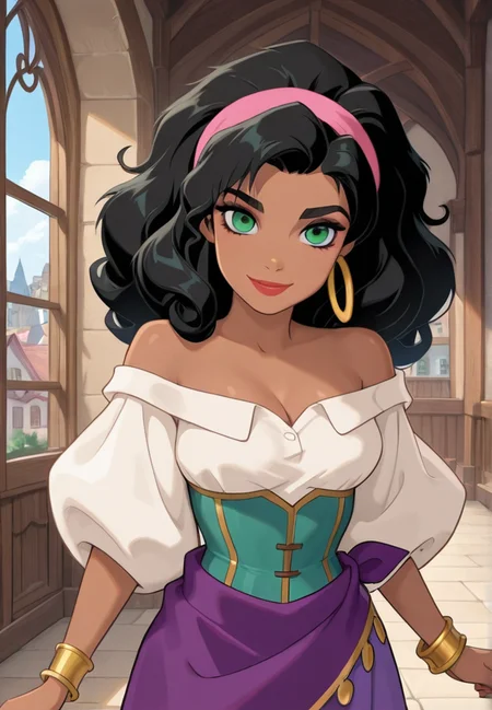 masterpiece, best quality, amazing quality, very aesthetic, absurdres, newest, detailed background, cowboy shot, indoors, dynamic angle, town plaza, (perfect eyes, beautiful eyes, detailed eyes,:1.2)
esmeraldaxd, 1girl, solo, dark-skinned female, curly hair, black hair, green eyes, makeup, lipstick, long hair, smile, looking at viewer,
hairband, jewelry, purple skirt, bracelet, anklet, puffy sleeves, off-shoulder shirt, bare shoulders, corset, hoop earrings, barefoot, dancing
<lora:Esmeralda_-_Disney_Illustrious:1>