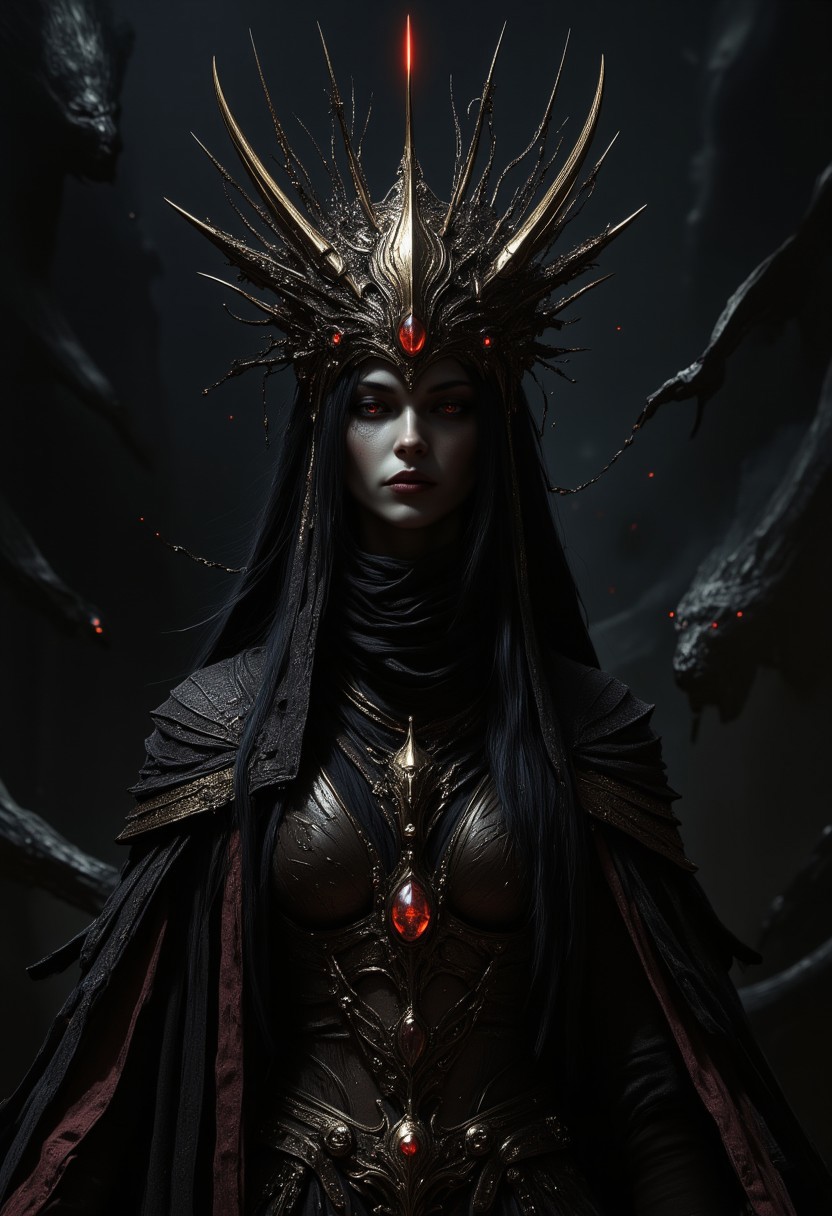 The scene depicts a haunting digital artwork centered around a sinister female entity exuding an ominous presence. The protagonist is a spectral figure with pallid, ghostly skin, draped in tattered, shadow-infused garments that ripple unnaturally. Her attire features twisted, baroque designs and dark, otherworldly textures, creating a macabre and eerie appearance. Her face is mostly concealed by a tattered veil, revealing only hollow, piercing eyes that emit a faint, unsettling glow, enhancing her mysterious and terrifying aura. She wears a menacing headdress adorned with sharp, obsidian spikes and a pulsating crimson gemstone at its core. Long, disheveled black hair flows chaotically from beneath the veil, starkly contrasting with the dark hues of her garments. Rusted chains and sinister talismans dangle from her attire, contributing to the foreboding and intricate design. The background is shrouded in darkness with subtle, ghostly apparitions swirling, drawing focus to the central figure and amplifying the theme of mystery and terror. Dark fantasy concept art, award-winning design, ultra HD, 4K, 8K resolution, eerie lighting, deep shadows, atmospheric tension, cinematic horror, hyper detailed, hyper realistic, masterfully crafted, high resolution, HDR, 500px, mysterious and ornate digital art, gothic horror aesthetic—8k,aidmaMJ6.1, perfection style
