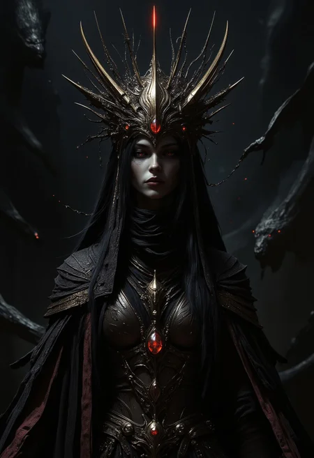The scene depicts a haunting digital artwork centered around a sinister female entity exuding an ominous presence. The protagonist is a spectral figure with pallid, ghostly skin, draped in tattered, shadow-infused garments that ripple unnaturally. Her attire features twisted, baroque designs and dark, otherworldly textures, creating a macabre and eerie appearance. Her face is mostly concealed by a tattered veil, revealing only hollow, piercing eyes that emit a faint, unsettling glow, enhancing her mysterious and terrifying aura. She wears a menacing headdress adorned with sharp, obsidian spikes and a pulsating crimson gemstone at its core. Long, disheveled black hair flows chaotically from beneath the veil, starkly contrasting with the dark hues of her garments. Rusted chains and sinister talismans dangle from her attire, contributing to the foreboding and intricate design. The background is shrouded in darkness with subtle, ghostly apparitions swirling, drawing focus to the central figure and amplifying the theme of mystery and terror. Dark fantasy concept art, award-winning design, ultra HD, 4K, 8K resolution, eerie lighting, deep shadows, atmospheric tension, cinematic horror, hyper detailed, hyper realistic, masterfully crafted, high resolution, HDR, 500px, mysterious and ornate digital art, gothic horror aesthetic—8k,aidmaMJ6.1, perfection style