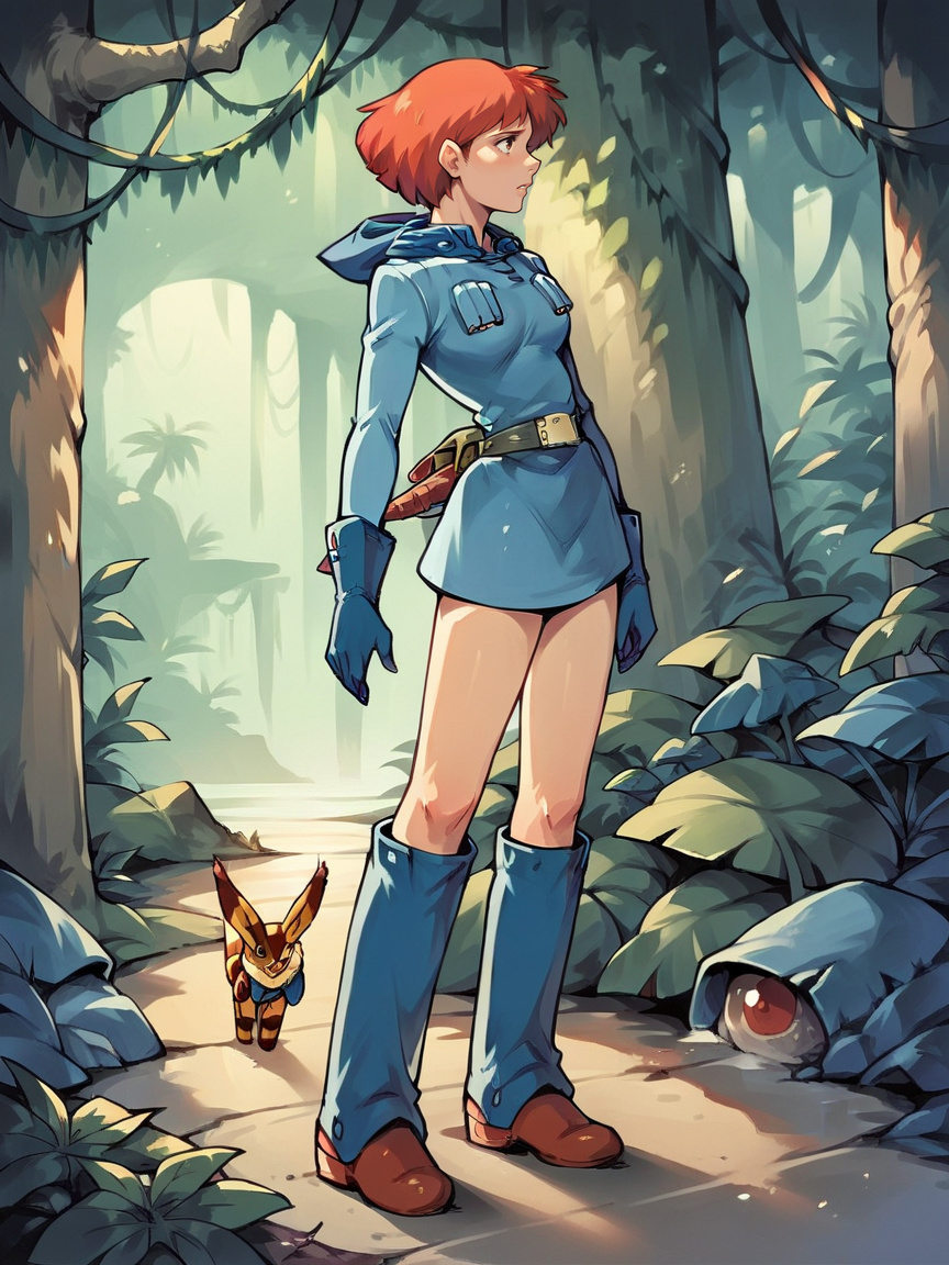score_9, score_8_up, score_7_up, score_6_up, score_5_up,    <lora:Nausicaa:0.9> nausicaa, 1girl, red hair, short hair, standing, solo, uniform, boots, gloves, jungle