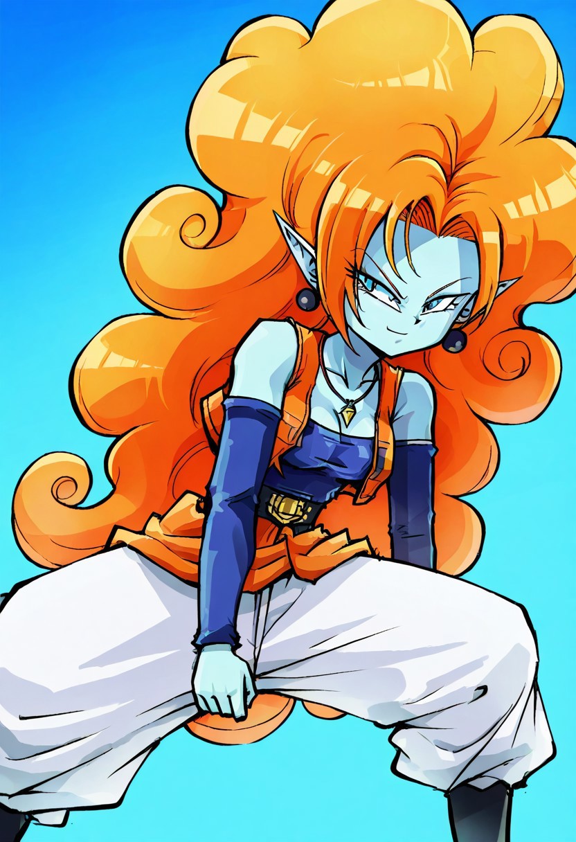 [<Bamedusaa_artstyle>] 1girl, zZangya, blue eyes, blue skin, pointy ears, orange hair, curly hair, long hair, big hair,  jewelry, necklace, detached sleeves, bare shoulders, vest, gloves, white baggy pants, medium_breasts, dynamic pose, sassy pose,