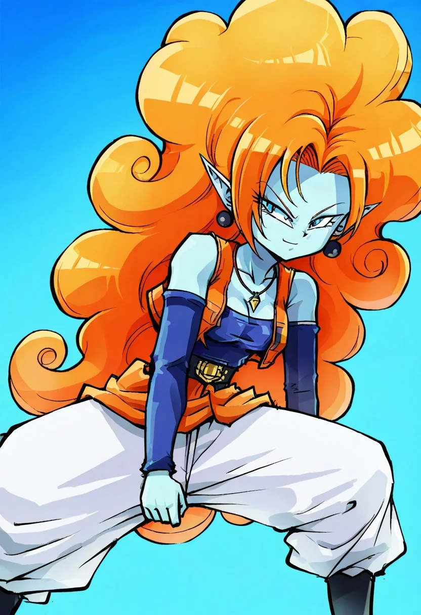 [<Bamedusaa_artstyle>] 1girl, zZangya, blue eyes, blue skin, pointy ears, orange hair, curly hair, long hair, big hair,  jewelry, necklace, detached sleeves, bare shoulders, vest, gloves, white baggy pants, medium_breasts, dynamic pose, sassy pose,