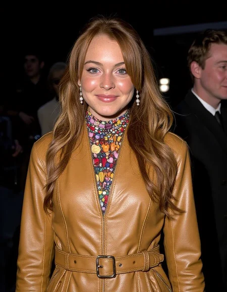 Half body view of Lindsey Lohan a young woman smiling, with platinum long wavy hair and bangs, wearing a golden leather jacket and a multicolor turtleneck, standing and posing for a photo, The background is dark and there is a light illuminating the scene.