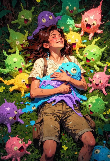DB4RZ style painting, An adventurous traveler lies on her back in a lush meadow, view from above, surrounded by adorable, squishy slime monsters of all shapes and sizes. The slimes come in vibrant colors—translucent green, soft pink, glowing blue, sunny yellow, and shimmering purple—each with round, smiling faces and playful, wobbly movements. Some slime creatures are gently piling up near her, curiously nudging her with gooey, jiggly bodies while others bounce around joyfully. The traveler, relaxed and smiling, holds a particularly chubby, glowing blue slime in her arms, hugging it close like a squishy pillow. The slime beams with happiness, its gooey form gently wrapping around her hands as if hugging her back. More slimes pile playfully on her legs and shoulders, while others leave faint, glimmering trails on the grass. Sunlight filters softly through the trees, casting a warm glow on the scene, and the entire moment radiates a magical, lighthearted charm.