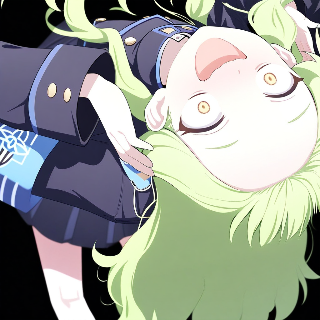 great quality, dynamic pose,dynamic angle,foreshortening, smile,standing,feet out of frame,from behind,face close-up, surprised,wide-eyed,looking away,scare,looking up,orgasm,laughing,upside-down face ,hands on head,hands up,ut of frame,hikari \(blue archive\), ,green hair,forehead,black uniform,, black background,long hair